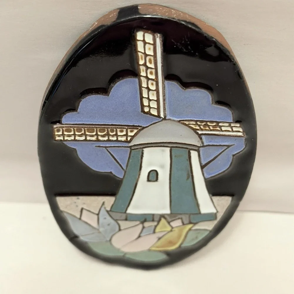 VTG Dutch Cloisonne Ceramic Tile Oval Windmill Henk Potters Pottenbakkerij Rare